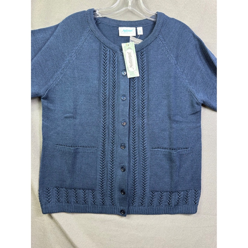 National Pointelle Knit Cardigan Sweater Blue Button Front Petite Medium NEW